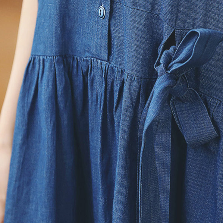 baggy denim blue long cotton linen dresses casual Turn-down Collar tie waist traveling dress fine long sleeve baggy dresses