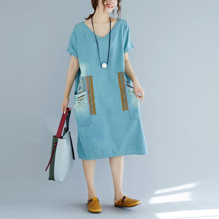 baggy denim blue pure cotton dresses plus size clothing holiday dresses New short sleeve pockets v neck print dress