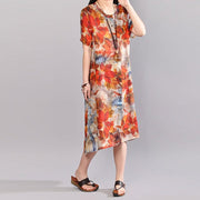 baggy linen summer dress plus size clothing Women Printed Single Breasted Short Sleeve Flax Dress