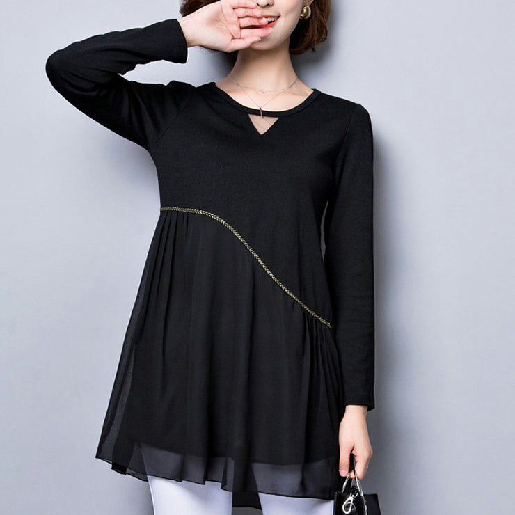 baggy loose black patchwork chiffon dresses plus size long sleeve casual dress