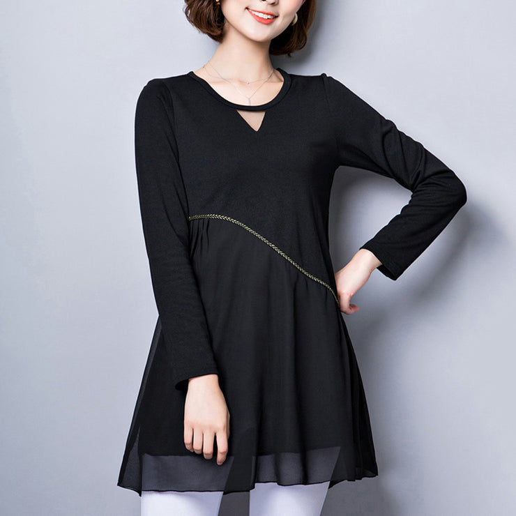 baggy loose black patchwork chiffon dresses plus size long sleeve casual dress