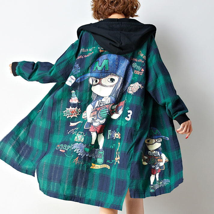 Baggy Loose Grid Cotton Cardigan Oversize Low High Hooded Coats Cartoon Prints