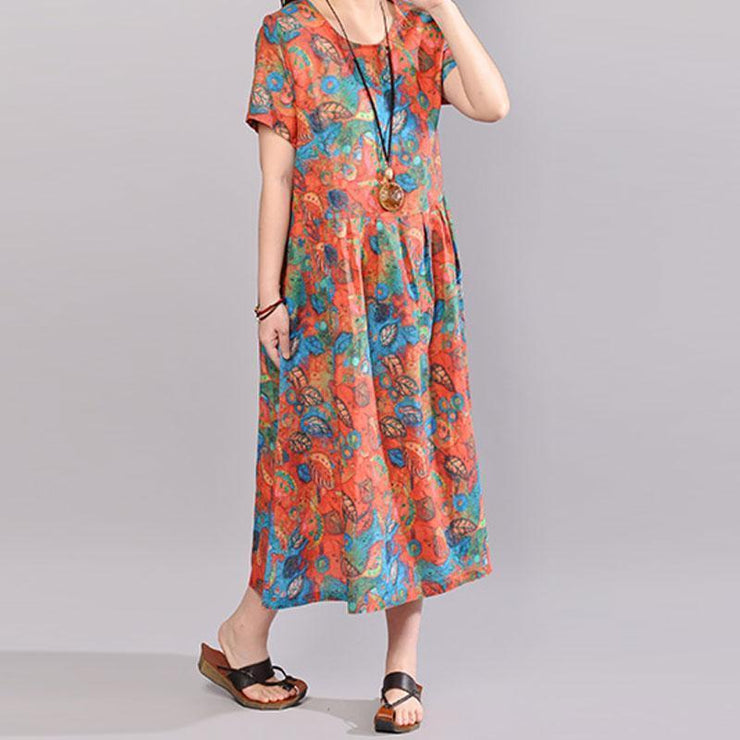 baggy natural cotton dress Loose fitting Short Sleeve Printed Summer Round Neck Dress