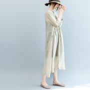 baggy off white Midi linen silk blended dresses Loose fitting casual dress fine tie waist long sleeve o neck baggy dresses