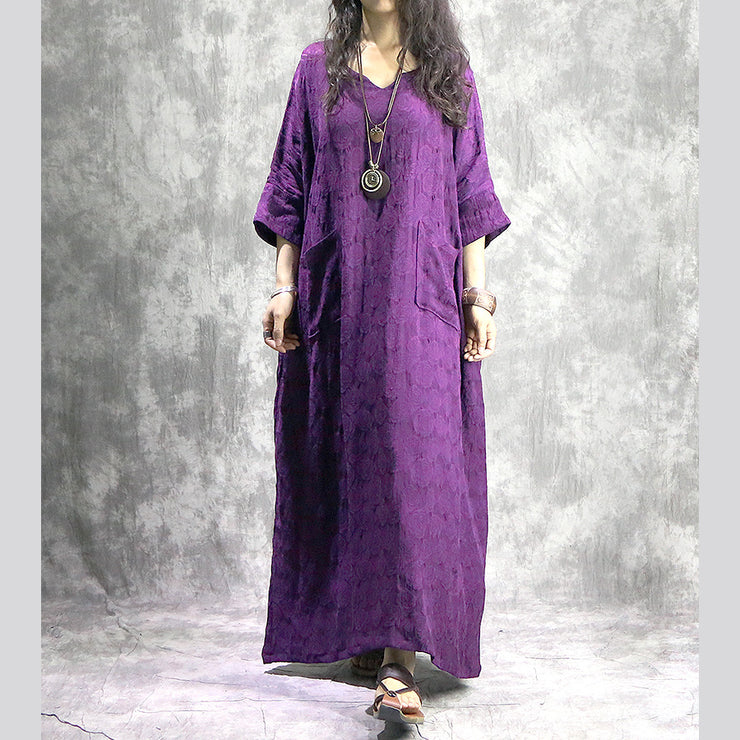 baggy purple linen dresses casual v neck baggy gown boutique pockets Jacquard autumn dress