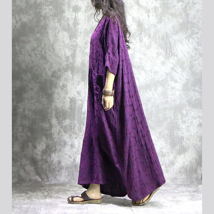 baggy purple linen dresses casual v neck baggy gown boutique pockets Jacquard autumn dress