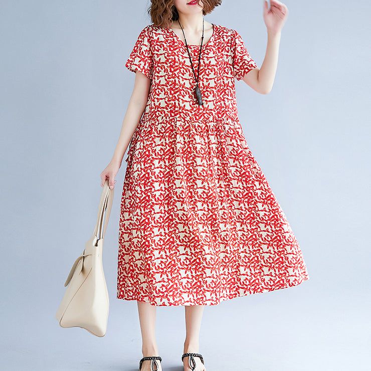 baggy red cotton linen dresses Loose fitting short sleeve print baggy dresses maxi dress 2018 o neck traveling dress