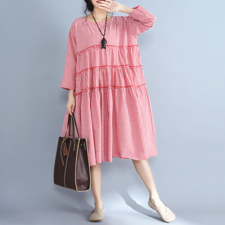 baggy red plaid pure linen dresses plus size casual patchwork o neck midi dress