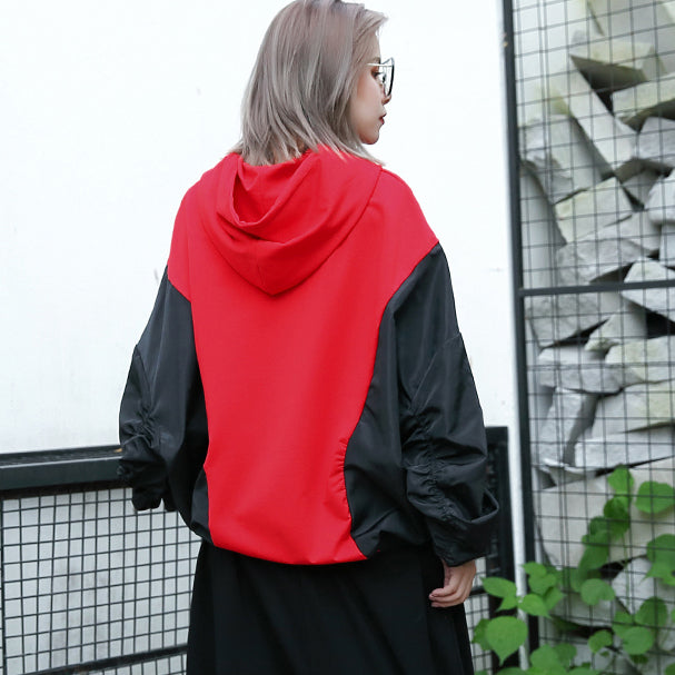 baggy red tops plus size hooded patchwork cotton blended clothing blouses fine Batwing Sleeve tops