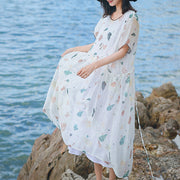 baggy white print natural silk linen dress oversize o neck baggy dresses silk linen gown 2018 short sleeve pockets dresses