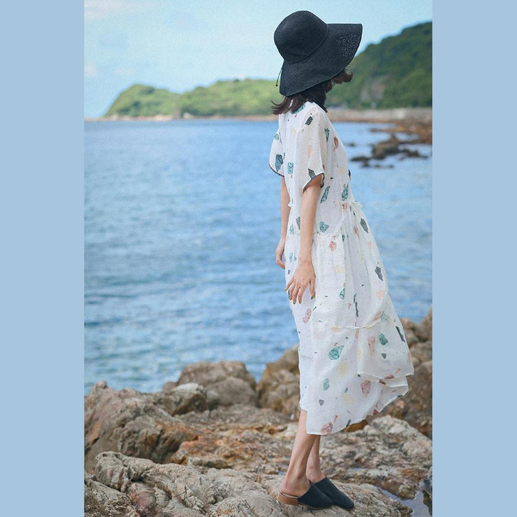 baggy white print natural silk linen dress oversize o neck baggy dresses silk linen gown 2018 short sleeve pockets dresses