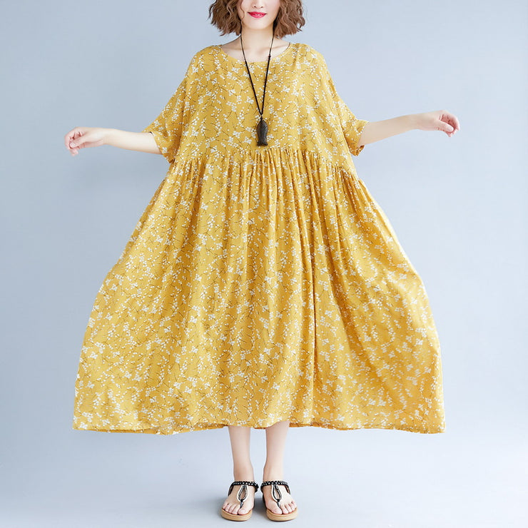 baggy yellow cotton linen dresses plus size print short sleeve long dresses fine o neck baggy dresses linen clothing dress