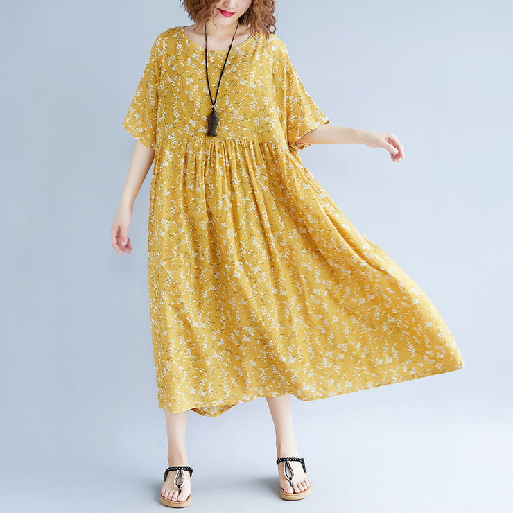 baggy yellow cotton linen dresses plus size print short sleeve long dresses fine o neck baggy dresses linen clothing dress