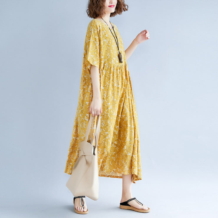 baggy yellow cotton linen dresses plus size print short sleeve long dresses fine o neck baggy dresses linen clothing dress