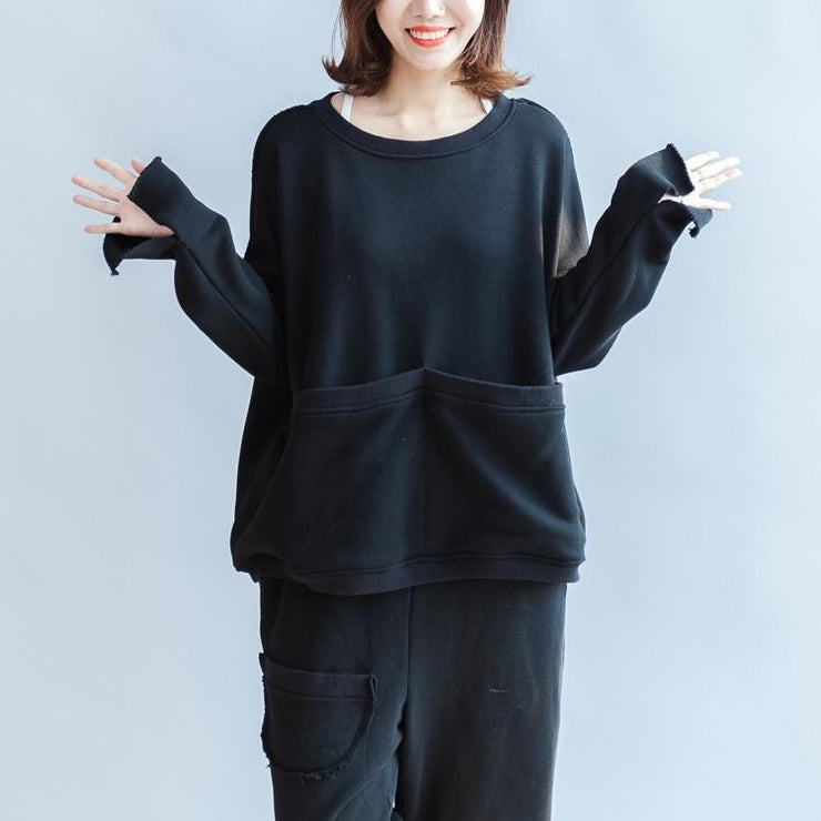 black big pockets two pieces knit tops with sweat pant oversize casual sport suit