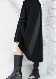 black casual cotton blended skirts loose one side drawstring elastic waist aline skirts