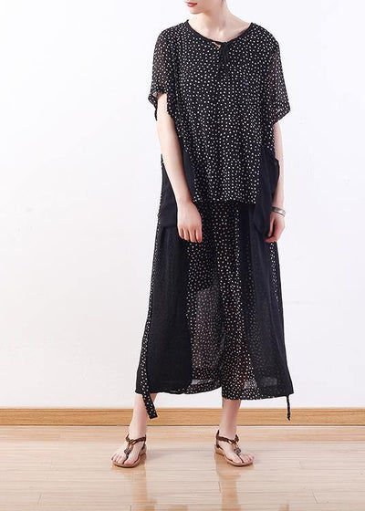 black dotted chiffon pullover tops with women patchwork pants two pieces - SooLinen