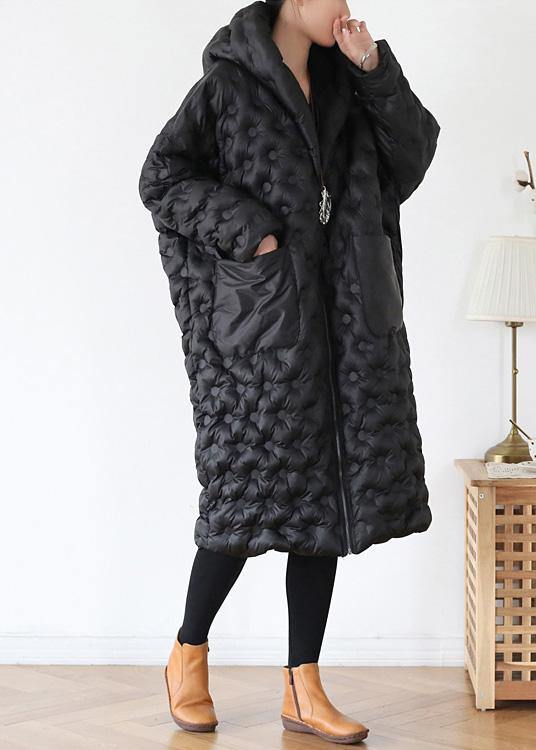 black loose large size hooded long padded jacket cotton thick coat - SooLinen