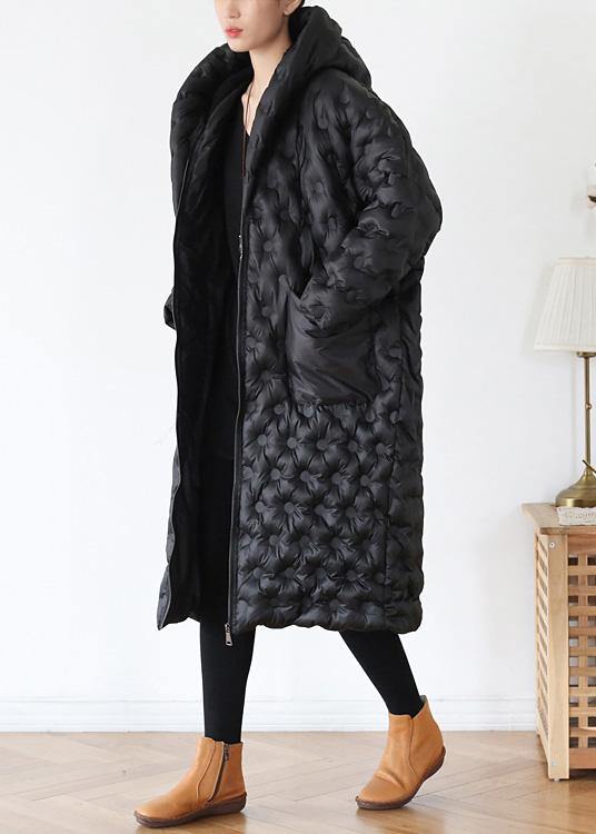 black loose large size hooded long padded jacket cotton thick coat - SooLinen