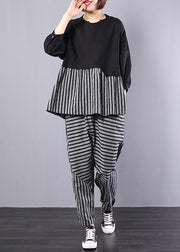 black patchwork striped two pieces cotton linen tops and striped harem pants - SooLinen