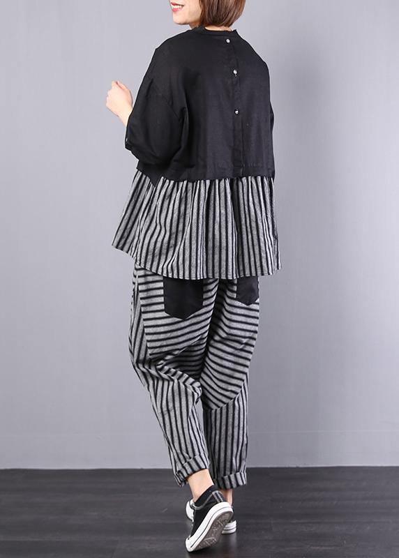 black patchwork striped two pieces cotton linen tops and striped harem pants - SooLinen