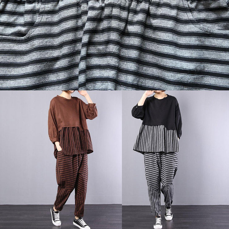 black patchwork striped two pieces cotton linen tops and striped harem pants - SooLinen