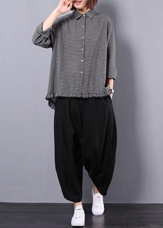 black plaid long sleeve cotton linen blouse with women black pants two pieces - SooLinen