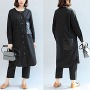 black pockets patchwork cotton blouse oversize o neck shirt dress