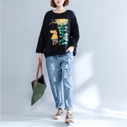 black print casual cotton o neck t shirt plus size long sleeve blouse