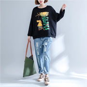 black print casual cotton o neck t shirt plus size long sleeve blouse