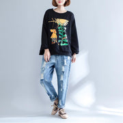 black print casual cotton o neck t shirt plus size long sleeve blouse