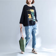 black print casual cotton o neck t shirt plus size long sleeve blouse