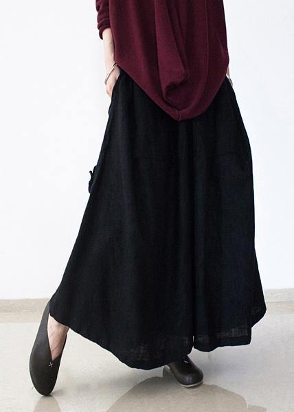 black retro drawstring folds gradient loose large size wide leg pants thick cotton linen skirt pants - SooLinen