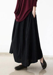 black retro drawstring folds gradient loose large size wide leg pants thick cotton linen skirt pants - SooLinen