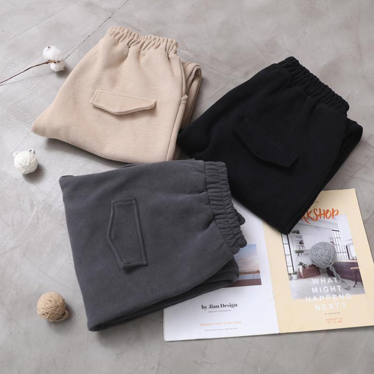 black women casual cotton thick pants plus size warm false pockets harm pants - SooLinen