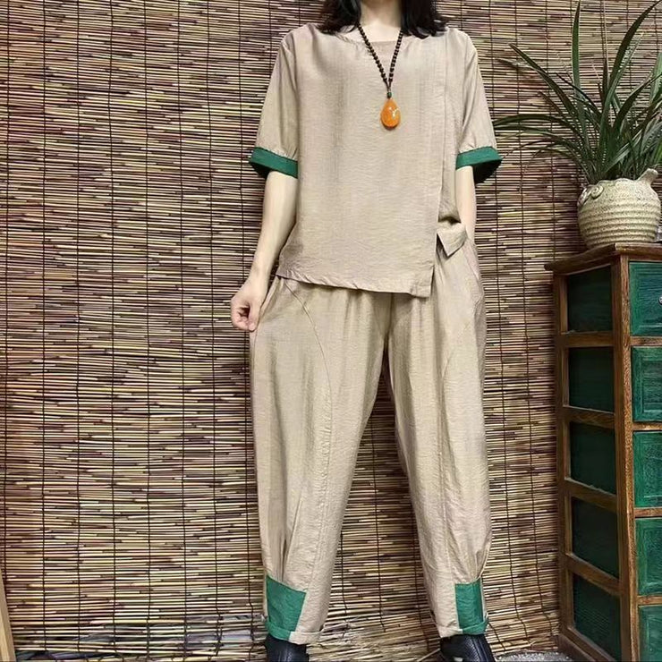 blackish green casual cotton low high design tops and elastic waist pants suit