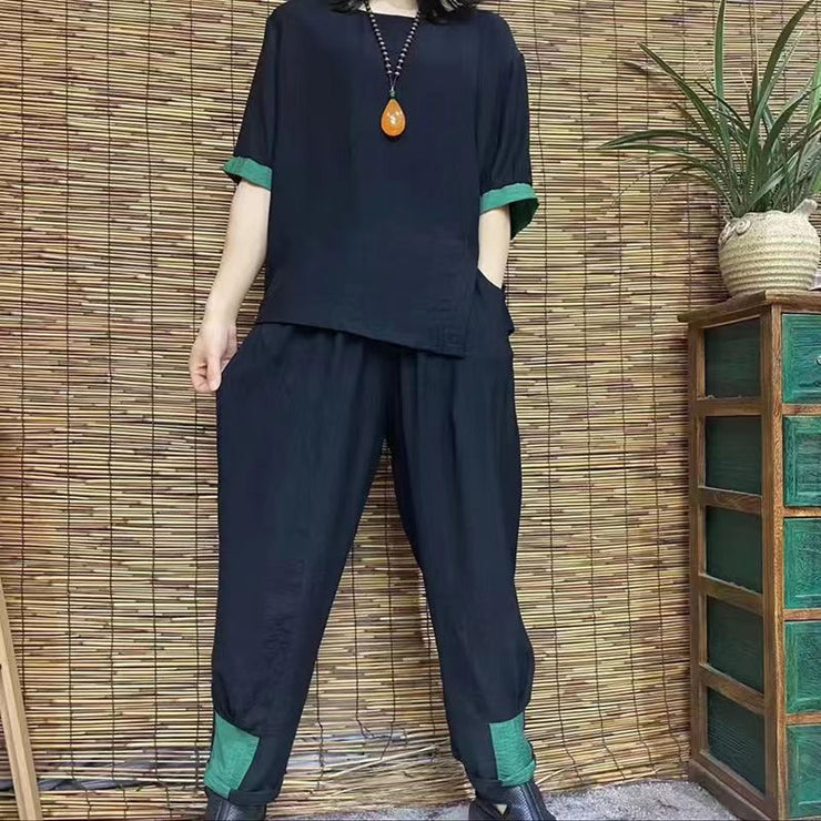 blackish green casual cotton low high design tops and elastic waist pants suit