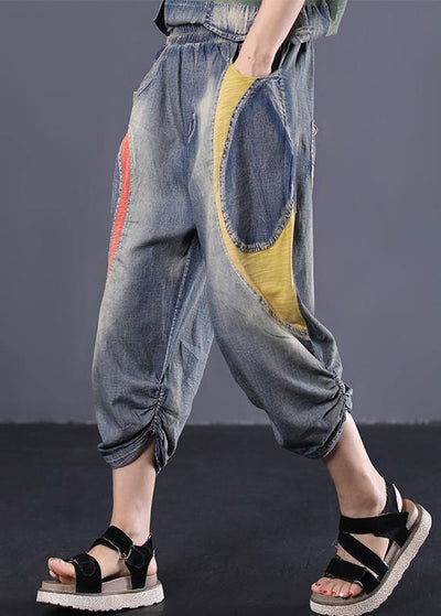 blue cotton new patchwork pants loose Cinched jeans - SooLinen