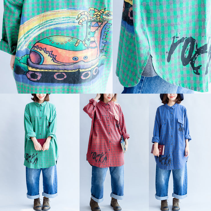 blaue mode lässig gitter druckt baumwolle bluse oversize umlegekragen hemd