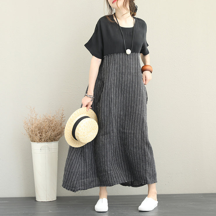 boutique black long linen dresses casual patchwork gown women o neck silk linen caftans