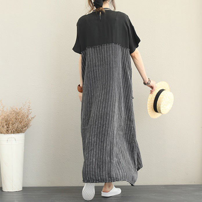 boutique black long linen dresses casual patchwork gown women o neck silk linen caftans