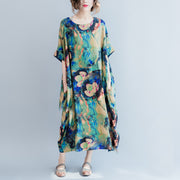 boutique blue prints long linen dresses Loose fitting o neck linen gown women short sleeve linen caftans