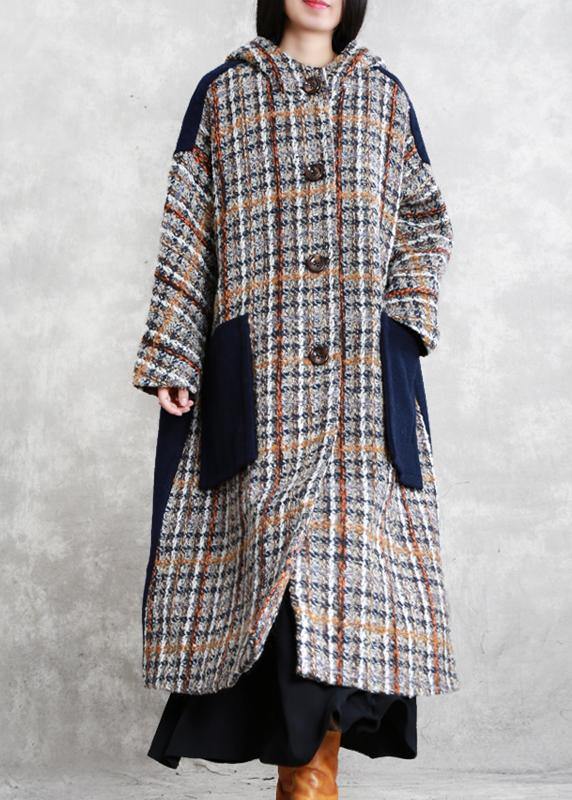 boutique casual long winter coat blue plaid patchwork hooded wool overcoat - SooLinen