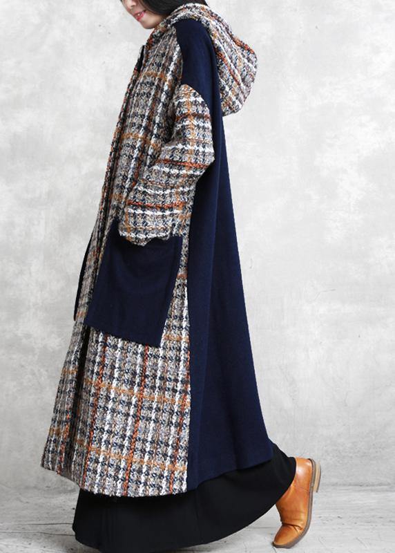 boutique casual long winter coat blue plaid patchwork hooded wool overcoat - SooLinen