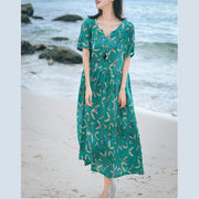 boutique green print long linen dresses Loose fitting v neck baggy dresses women short sleeve maxi dresses