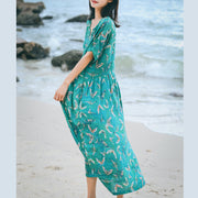 boutique green print long linen dresses Loose fitting v neck baggy dresses women short sleeve maxi dresses