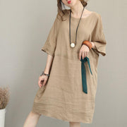 boutique khaki pure linen dress Loose fitting linen clothing dresses Elegant waist drawstring bracelet sleeved midi dress