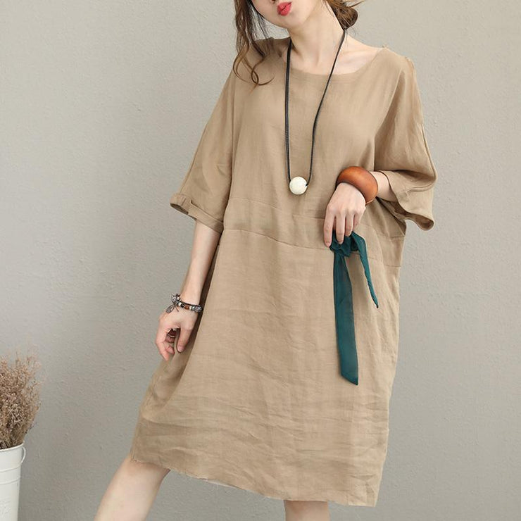 boutique khaki pure linen dress Loose fitting linen clothing dresses Elegant waist drawstring bracelet sleeved midi dress