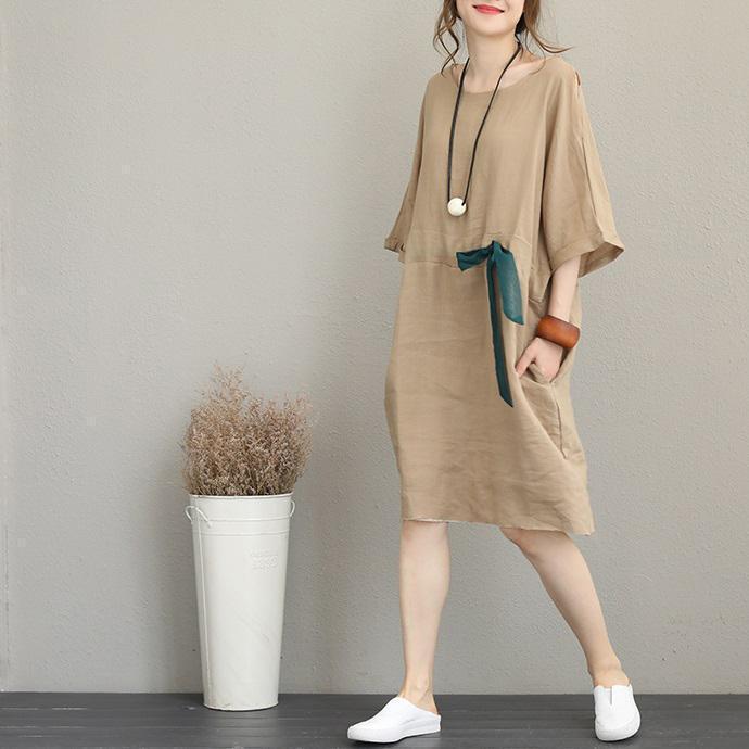 boutique khaki pure linen dress Loose fitting linen clothing dresses Elegant waist drawstring bracelet sleeved midi dress