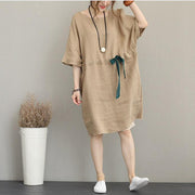 boutique khaki pure linen dress Loose fitting linen clothing dresses Elegant waist drawstring bracelet sleeved midi dress